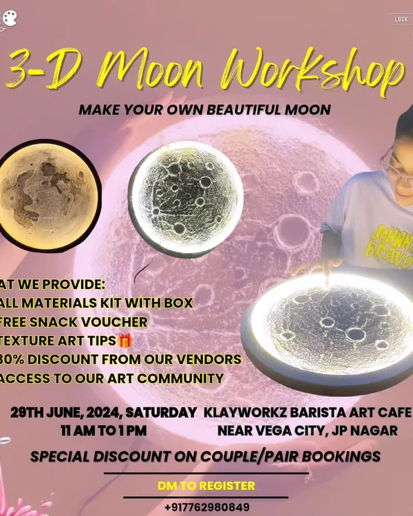 Our workshop flyer for the 3D Moon Workshop. We provide all materials, a snack voucher, and access to our art community.