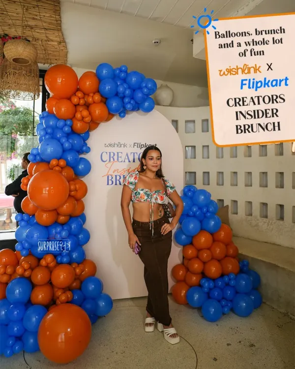 (Hero Item) We love creating bold, branded photo opportunities that become the highlight of any event. For the Wishlink x Flipkart Creators Insider Brunch, we designed this vibrant balloon arch using the brand's signature blue and orange, ensuring every photo popped with color and energy.