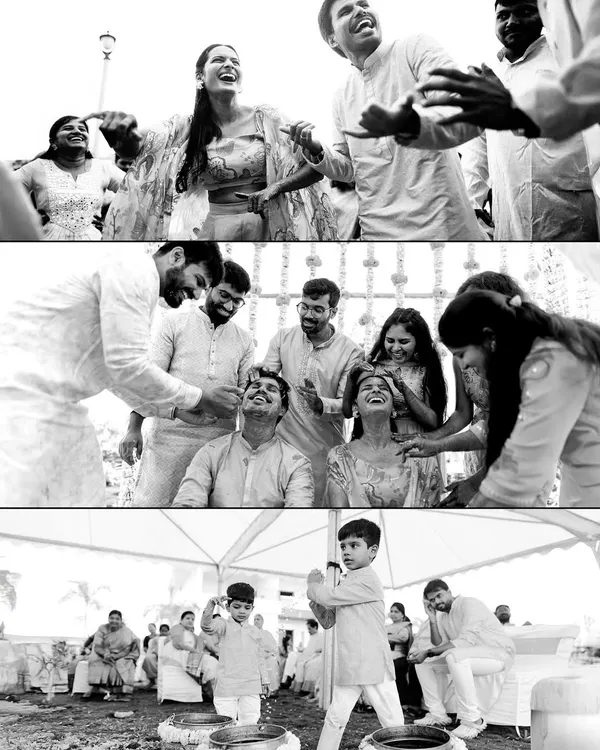 A black and white collage of Nihal and Sravanthi's Haldi, proving that the joy and emotion of the ceremony transcend color.