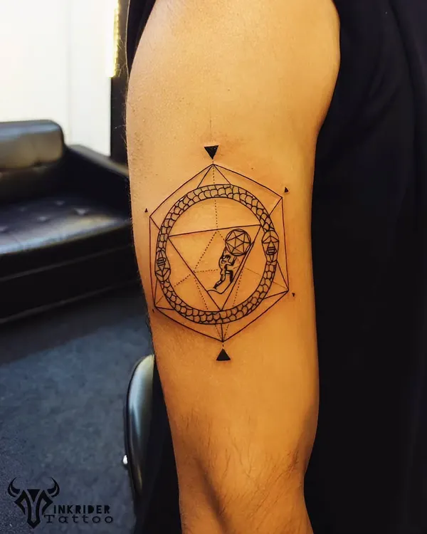 A geometric Ouroboros, the ancient symbol of a snake eating its own tail. This design represents infinity and the cycle of life, death, and rebirth, all within a clean hexagonal frame.