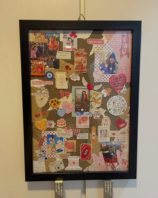 A vibrant collage celebrating a couple's love story. This frame is packed with personal photos, a Spotify song code, cute stickers like penguins and hearts, and even an Uno reverse card, capturing all the fun and quirky inside jokes.