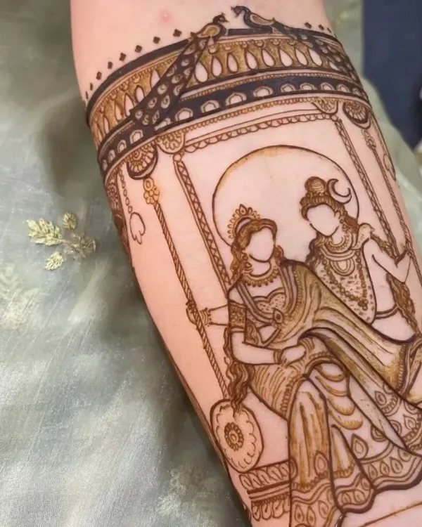 The beginning stages of a Shiva-Parvati portrait. This image shows the clean linework before the shading and background are filled in, highlighting the precision of the drawing.