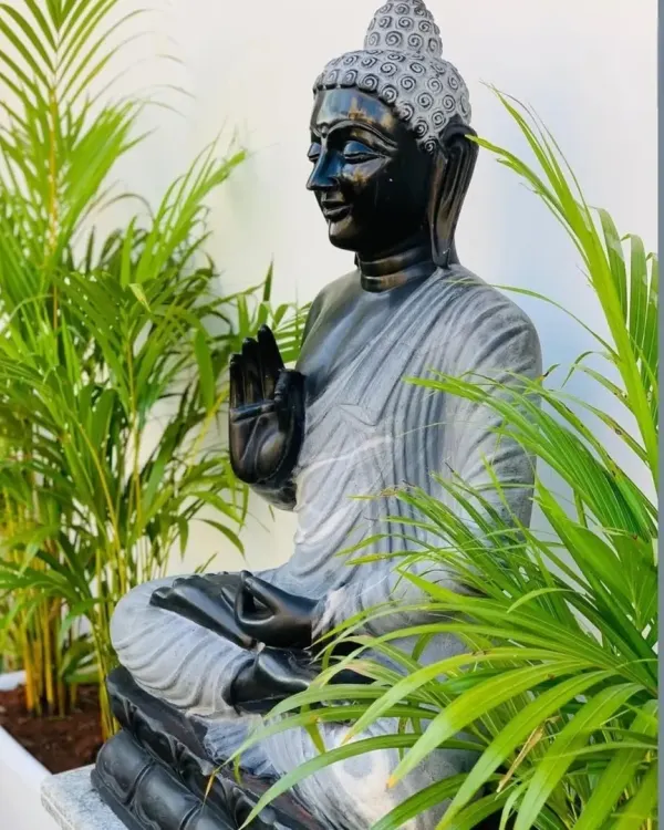 A close-up of a black marble Buddha statue in the Abhaya Mudra pose, framed by the vibrant green leaves of Areca palms, creating a tropical and serene atmosphere.