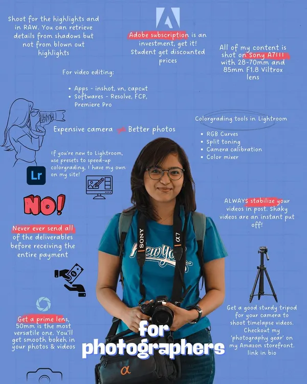 An infographic sharing my essential tips for photographers. I cover everything from camera gear and shooting in RAW to editing tools and business advice, positioning myself as an educator in the field.