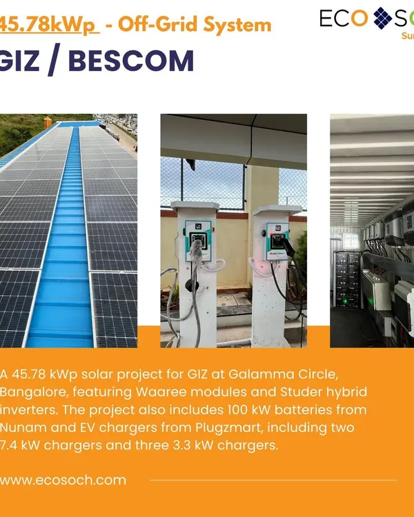 This is our 45.78 kWp off-grid solar project for GIZ at Galamma Circle, Bangalore. It showcases a complete sustainable energy ecosystem, featuring a large rooftop solar array, high-capacity batteries from NUNAM, and a bank of both 7.4 kW and 3.3 kW EV chargers. This project highlights our capability in delivering large-scale, integrated renewable energy solutions.