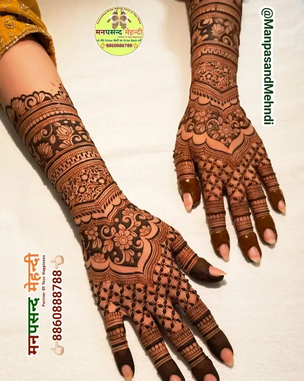 An elegant Indo-Arabic design that flows from the forearm to the fingers. The combination of delicate floral work and bold, vine-like patterns creates a very graceful look.