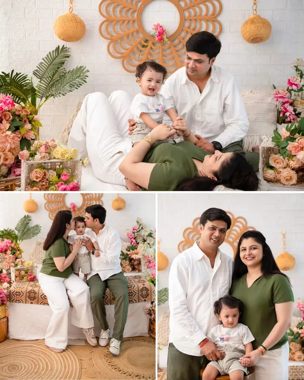 A collage of family joy. This series of photos shows a family of three in our boho-chic setup, capturing a mix of posed smiles and candid, playful interactions.