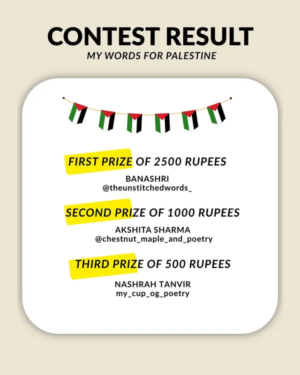 The results of our 'My Words for Palestine' contest. We use our platform to encourage poets to use their pens as a tool of activism.