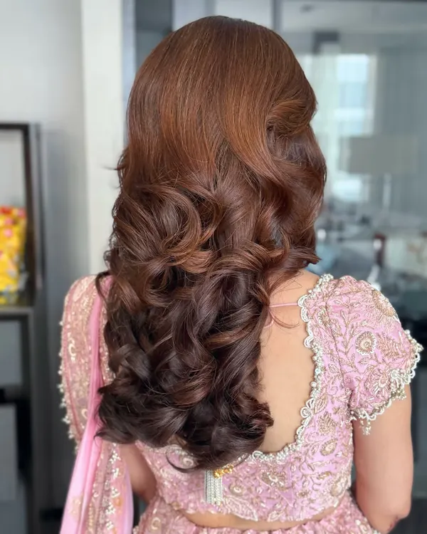 A back view of the classic Hollywood waves, showing the deep, uniform curls and rich color.