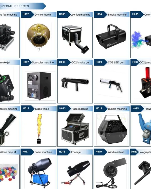 A look at our catalog of special effects equipment. We have everything from dry ice and low fog machines to smoke jets, bubble machines, and confetti blasters to add that extra flair to your event.