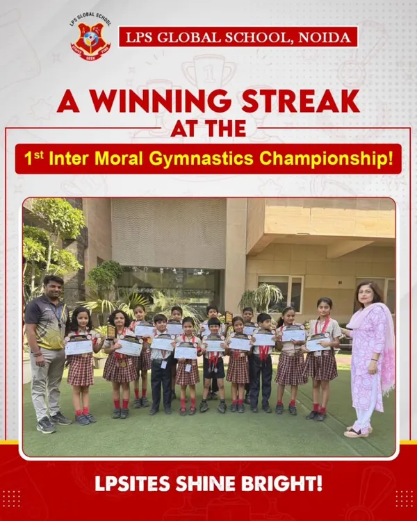 This poster celebrates our students' winning streak at the 1st Inter Moral Gymnastics Championship. Our boys' team won the Team Championship Trophy, and the girls' team secured 2nd place, showcasing the depth of talent at our school.