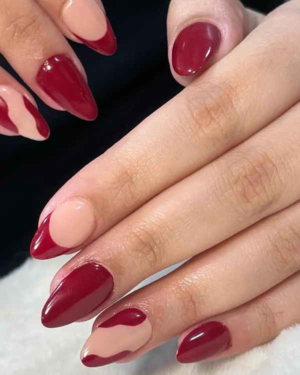 This stunning abstract design in deep red was created by a student just 23 days into her course. It shows a strong understanding of color balance and clean application.