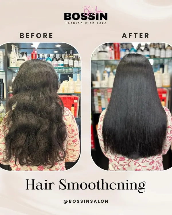 Silky, sleek, and oh-so-smooth. This before and after shot shows a flawless, frizz-free shine achieved with our expert hair smoothening treatment.