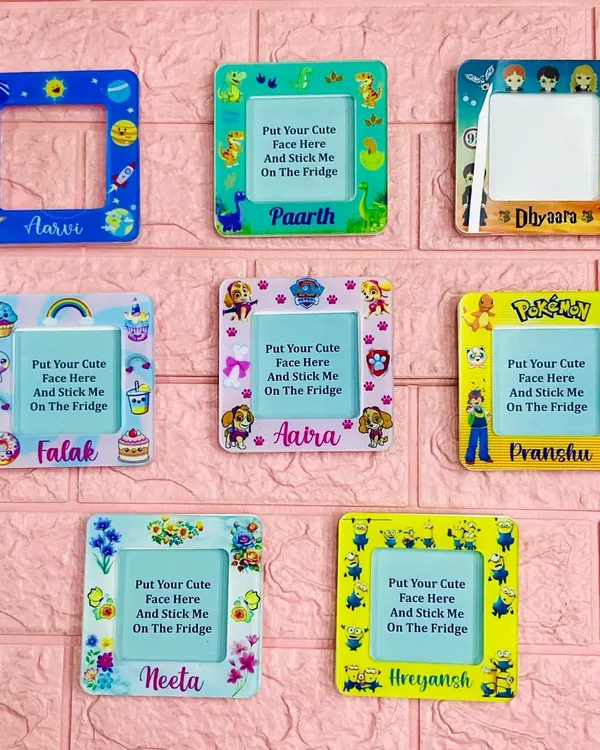 These personalized acrylic photo frame magnets are a fun way to display your child's picture on the fridge. I can customize them with any theme, from Pokémon and Paw Patrol to space and dinosaurs.