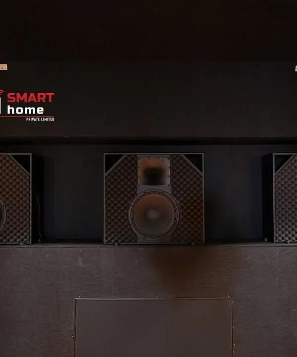 A close-up of the front-channel speakers in our ECR Chennai project, neatly installed within the wall for a clean, integrated look without compromising on sound quality.