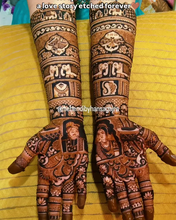 This is more than mehendi, it's a love story etched in henna. I specialize in creating these detailed bridal portraits on the palms, surrounded by traditional motifs that flow up the arms, telling a story that is uniquely yours.