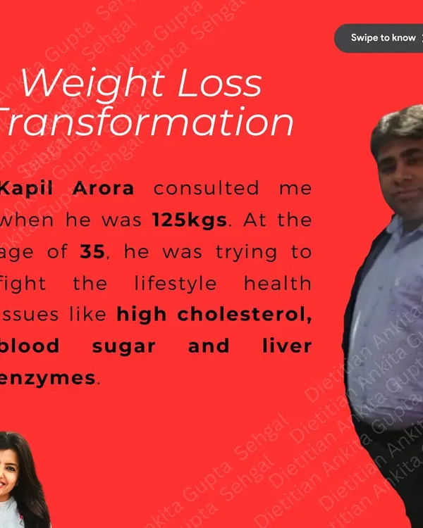 This is the power of a consistent, balanced diet. My client Kapil Arora came to me at 125 kgs, struggling with high cholesterol and blood sugar. In just 4 months, with a plan focused on manageable home-cooked meals, he lost 25 kgs and his health markers improved significantly.