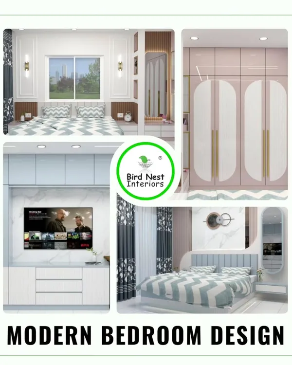 A collage showcasing a complete modern bedroom design. We included a stylish bed with a chevron-patterned bedspread, a sleek TV unit, and a full-wall wardrobe with elegant, rounded-edge doors.