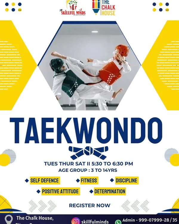 Announcing our Taekwondo classes in Pitampura. We focus on self-defense, fitness, and discipline for children aged 3 to 14.