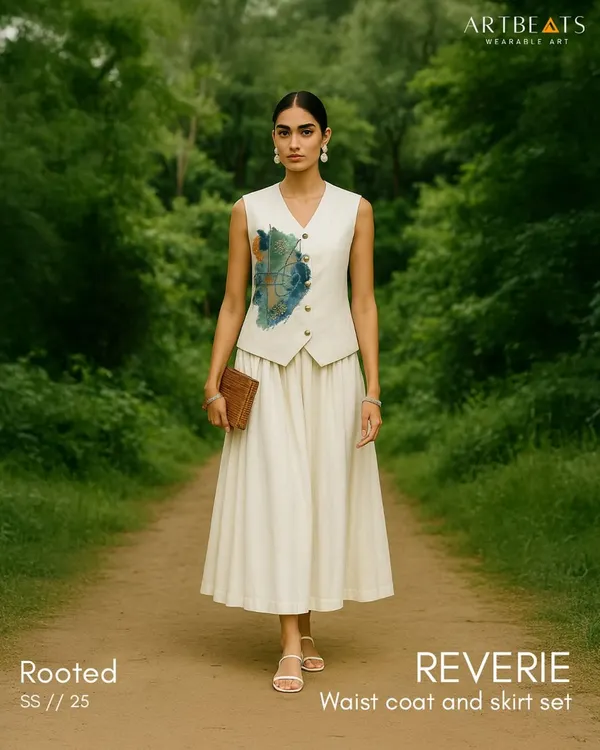 This is the Reverie co-ord set, a design that feels like poetry. It combines a structured waistcoat with a flowing skirt, both crafted from a fine cotton-linen blend. The hand-painted art on the waistcoat is a quiet statement, a splash of color on a serene ivory canvas, perfect for those who find beauty in stillness.
