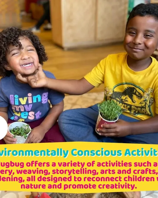 Two friends share a happy moment in our gardening corner. This activity teaches children about nature, but it also fosters cooperation and shared joy.