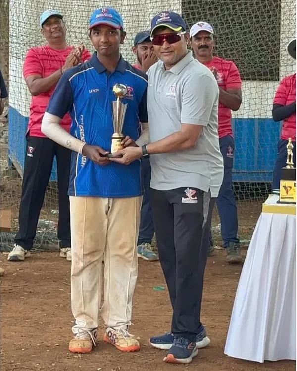 A U-14 player receives the Man of the Series award for his exceptional all-round performance, contributing significantly with both bat and ball.