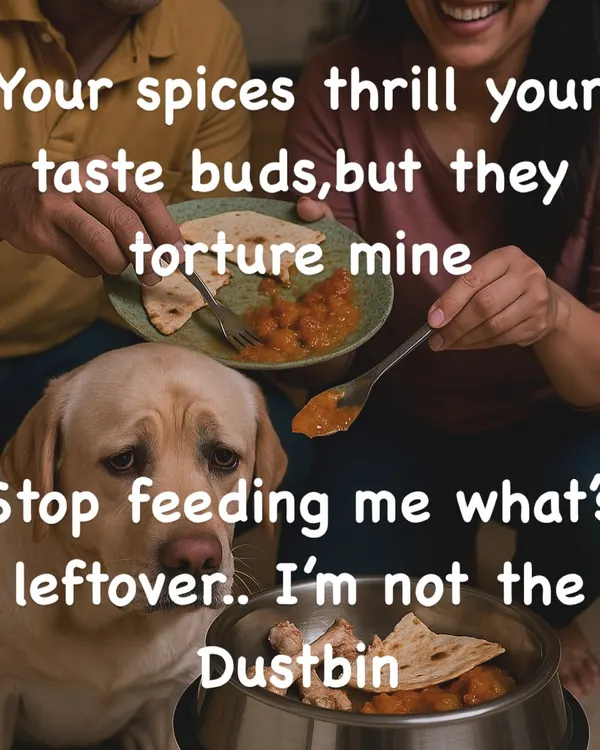 Your delicious, spicy food can be harmful to me. Feeding me leftovers from your plate can cause digestive issues and health problems. I need a balanced diet designed for a dog, not to be treated like a dustbin for human food.