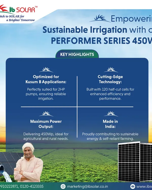 Our Performer Series 450Wp panels are optimized for Kusum B applications, providing reliable power for 2HP irrigation pumps. This Made in India solution, built with 120 half-cut cells, is designed to enhance agricultural productivity and promote sustainable farming.