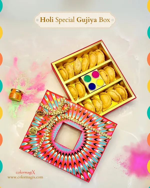 Sweeten your Holi with our special Gujiya box. The vibrant, kaleidoscopic packaging opens to reveal delicious, freshly made gujiyas and a palette of herbal colors, making it a perfect festive treat.