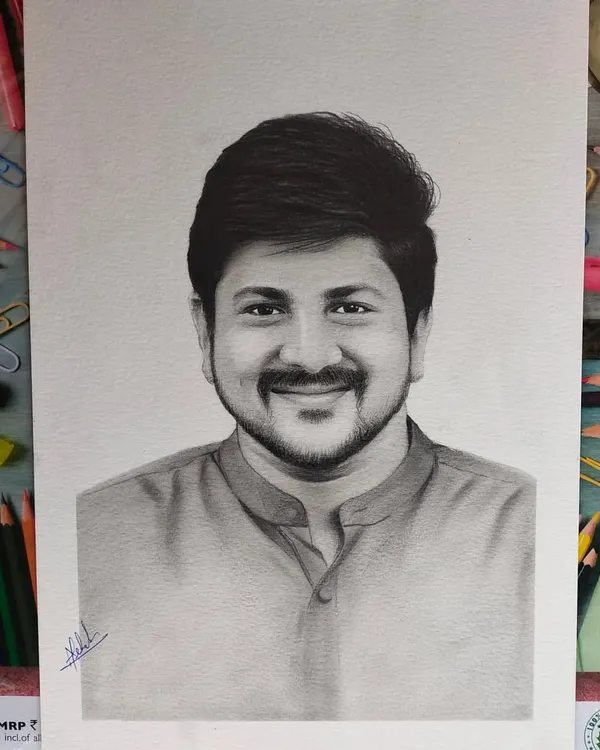 This is the final version of a commissioned individual portrait, completed on A3 paper. The background is filled with my art supplies, showing the tools I use to create these detailed graphite sketches.