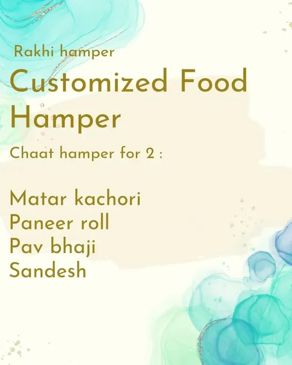 An example of a customized Chaat Hamper menu for two, featuring popular items like Matar Kachori, Paneer Roll, Pav Bhaji, and Sandesh for dessert.