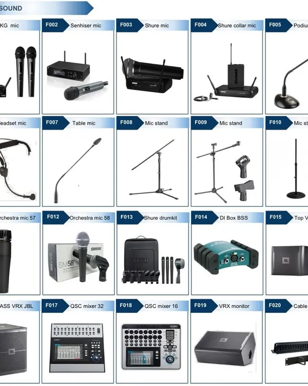A look at our sound equipment inventory. We stock everything from AKG, Sennheiser, and Shure microphones to JBL speakers and QSC mixers for professional conference audio.