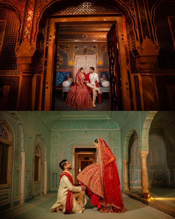 Two portraits from Aniket and Niharika's wedding at Samode Palace. The top image shows them seated in a regal alcove, while the bottom captures a playful, romantic moment, highlighting the versatility of the venue for different moods.