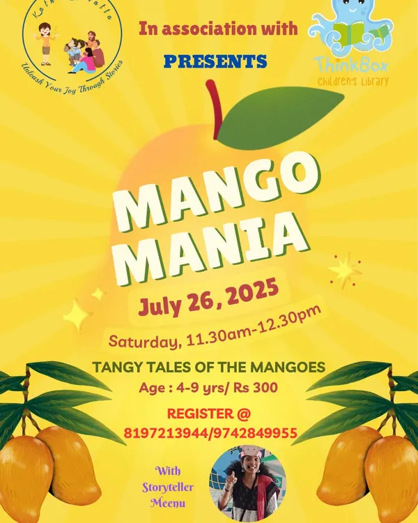 An event poster for "Mango Mania," a tangy and fun storytelling session for young children.