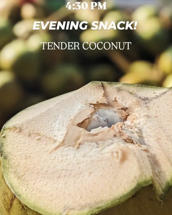 My 4:30 PM evening snack is often simple and hydrating tender coconut water. It's nature's perfect drink to refresh and replenish electrolytes.