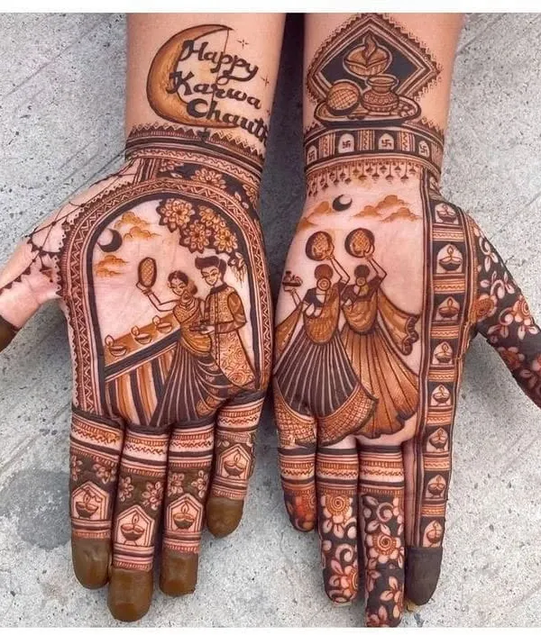 This Karva Chauth special design tells a beautiful story, featuring a wife viewing her husband through the chhalni, complete with the moon and festive diyas.