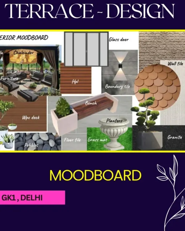 An exterior moodboard for our GK1 terrace project. This is where we define the visual direction, selecting materials like WPC decking, wall tiles, planters, and furniture to create a cohesive modernistic theme.