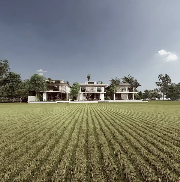 Our "Pavilions in the Fields" project places three distinct homes within an expansive paddy field landscape. The design concept treats each house as a modern pavilion, creating a dialogue between the architectural form and the vast, unending natural scenery of Goa.