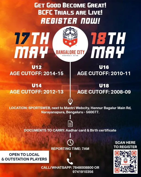 Your journey to professional football starts here. Our trial dates for various age groups are announced regularly. We are looking for committed players from Bangalore and across the country to join our U12, U14, U16, and U18 teams.