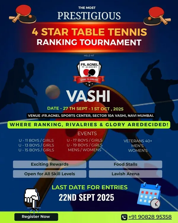 This is the official announcement for our prestigious 4 Star Table Tennis Ranking Tournament. We design professional, informative posters that cover all essential details, including dates, venue, event categories, and registration deadlines, ensuring maximum reach and participation.