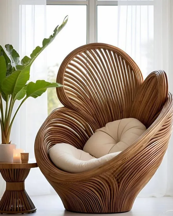 Furniture can be functional art. I designed this custom peacock-inspired chair from rattan to be a statement piece, offering a unique and comfortable corner to relax. If you can dream it, my team and I can create it.