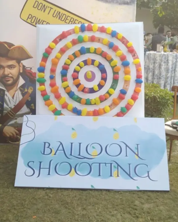 My balloon shooting game stall, set up for a birthday party in Delhi. It comes with a colorful balloon-covered target and is a favorite for guests who enjoy a bit of friendly competition.