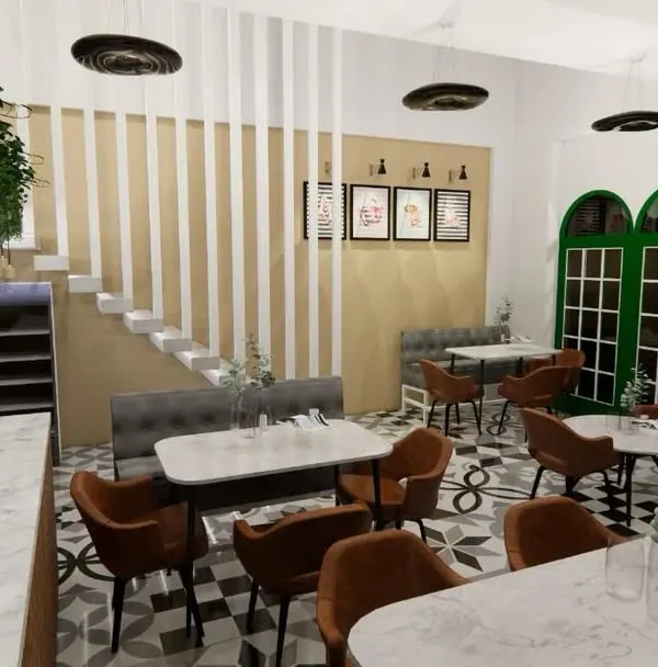 This 3D concept for a new cafe shows how different elements come together to create a cohesive and inviting space. The design combines classic patterned flooring with modern furniture and natural touches like hanging plants and wood paneling.