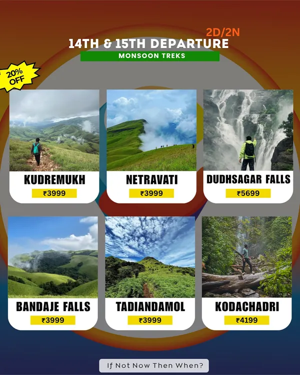 Our Independence Day long weekend offer for 2-day monsoon treks. Choose from Kudremukh, Netravati, Dudhsagar, and more.