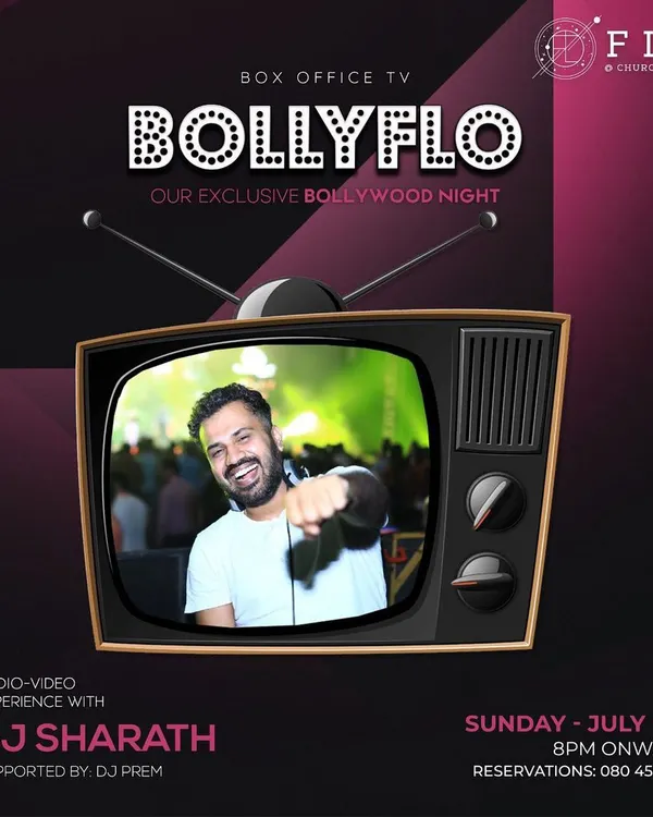 The official event poster for my exclusive "Bollyflo" Bollywood night. This graphic highlights the unique audio video experience I provide, where I perform as a VDJ, mixing visuals live on screen.