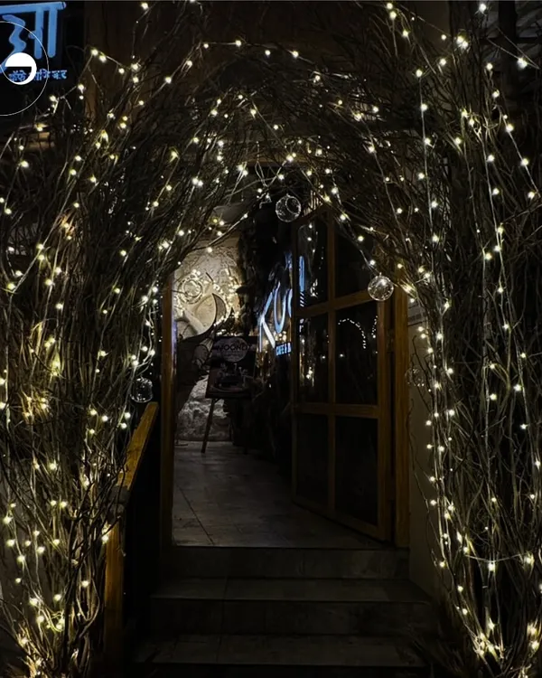 A magical entrance created for a Diwali celebration at a cafe. The archway, made of natural branches wrapped in thousands of fairy lights, created an enchanting welcome for guests.