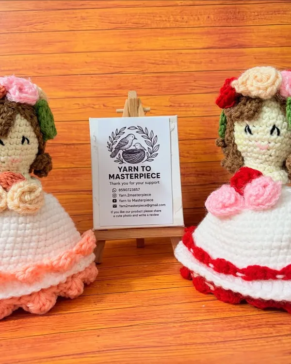 Here are two of my reversible rose bucket dolls side-by-side, showing how different color combinations can create a unique personality for each one. They are designed to be a doll on one side and a flower bucket on the other.