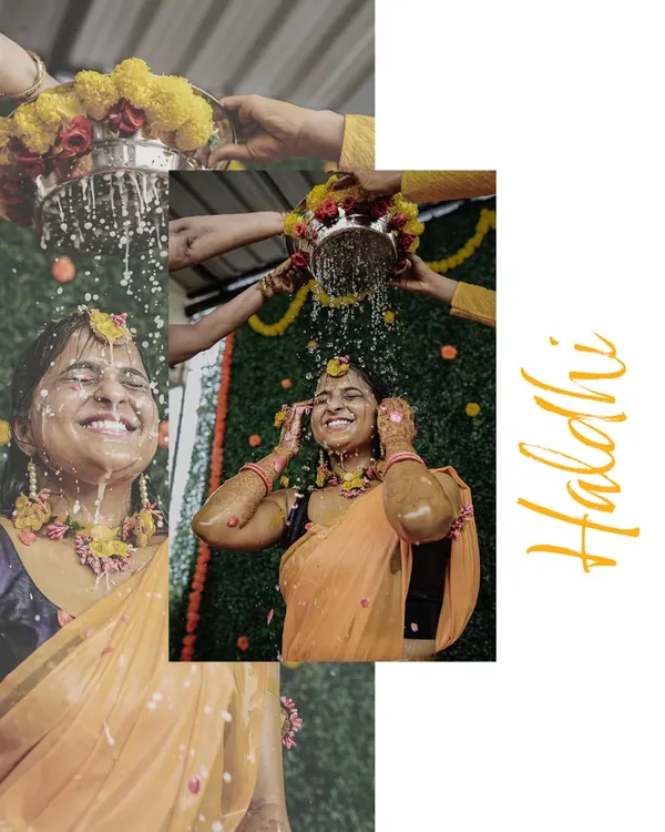 A collage showing the pure, uninhibited joy of a Haldi ceremony. The bride's ecstatic expression as she's showered with water and petals is what it's all about.
