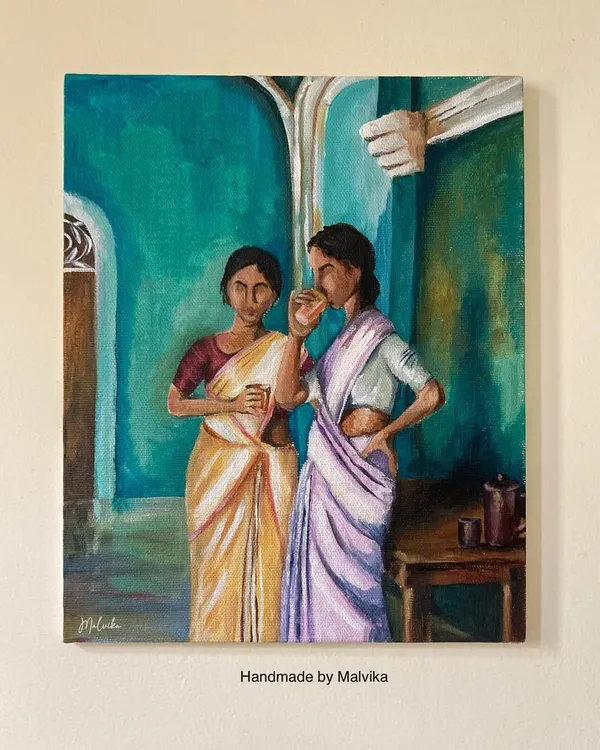 This acrylic painting on canvas is my recreation of a beautiful photograph from a documentary on Kathak. I was drawn to the quiet moment of two women in sarees sharing a cup of tea, and I used rich, deep colors to capture the mood.