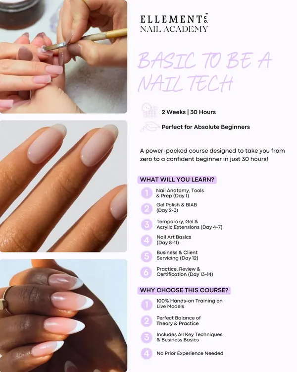 Perfect for absolute beginners. Our 30-hour 'Basic to be a Nail Tech' course takes you from zero to confident beginner in just two weeks, covering nail anatomy, gel polish, basic extensions, and client servicing.